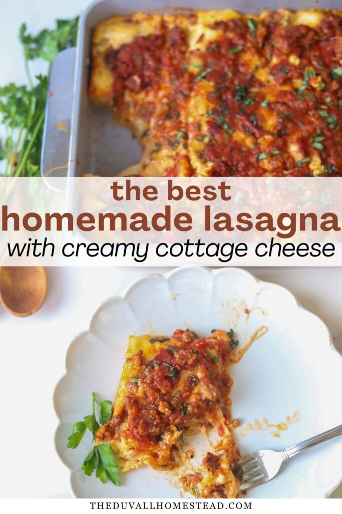 This cottage cheese lasagna recipe is the ultimate comfort food dinner! Made with layers of tender lasagna noodles, creamy cottage cheese, seasoned beef and pork, zucchini, mozzarella, and homemade tomato sauce, it's an easy cottage cheese lasagna that's perfect for Sunday family dinner, meal prep, or a freezer friendly lasagna recipe. Save this homemade lasagna recipe for your next cozy family meal!