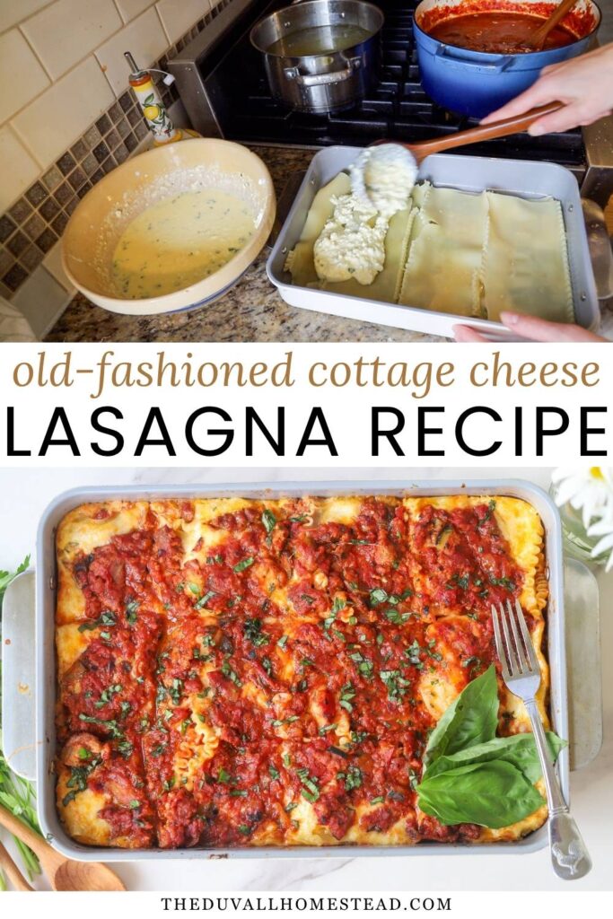 Looking for the best homemade lasagna? This lasagna made with cottage cheese instead of ricotta is rich, cheesy, and packed with homemade flavor. Made with beef and pork, fresh zucchini, mozzarella, and a from scratch meat sauce, this high protein lasagna recipe is perfect for easy weeknight lasagna, large family meal ideas, or a comfort food dinner everyone will love. Save this traditional lasagna recipe for later!
