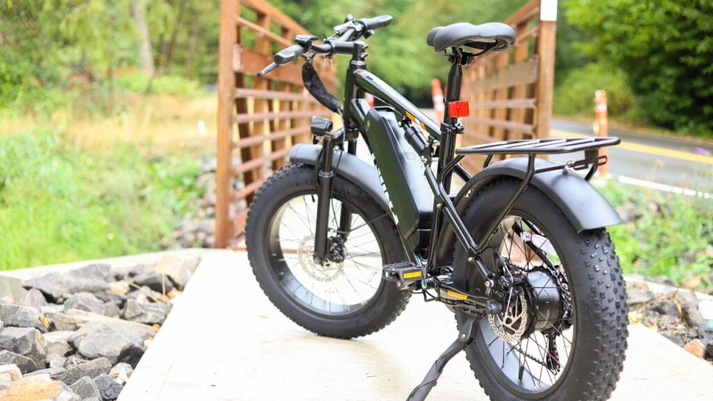 Qlife Racer electric bike viewed from the rear on a wooden bridge