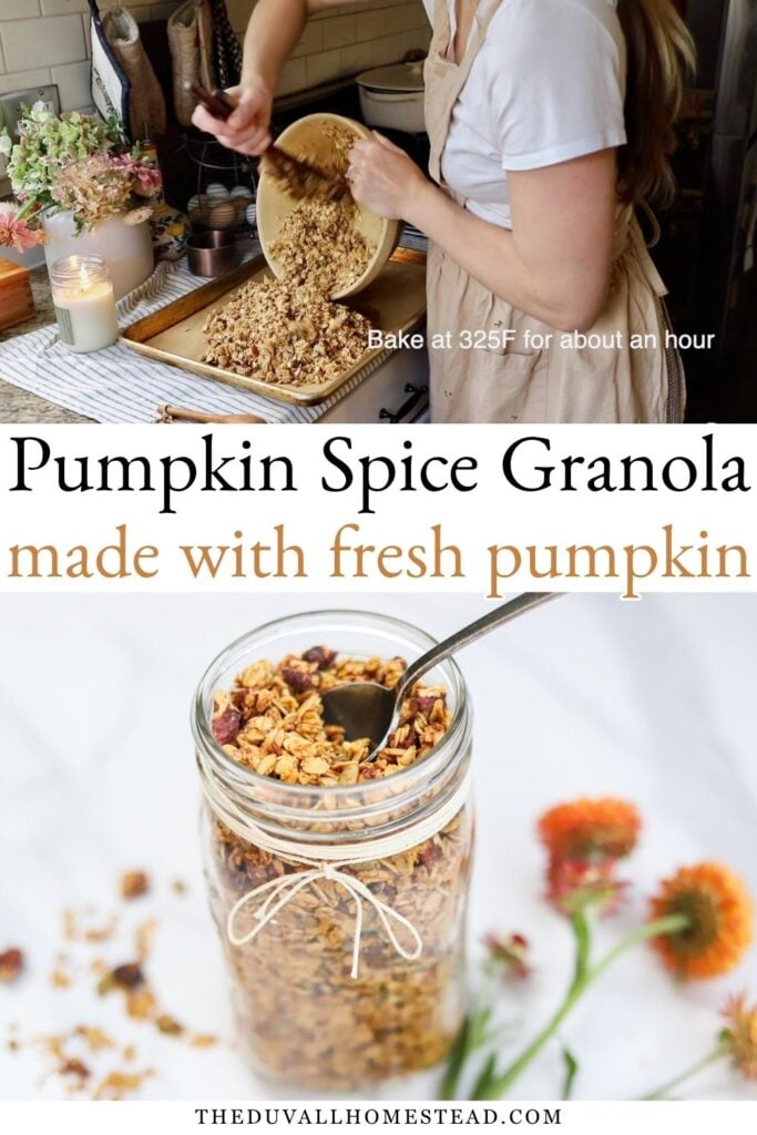 Looking for an easy homemade fall snack? This pumpkin spice granola is crunchy, cozy, and full of warm fall flavors. Made with pumpkin puree, oats, pecans, pumpkin seeds, maple syrup, and cinnamon, it’s a simple healthy fall breakfast or snack the whole family can enjoy.