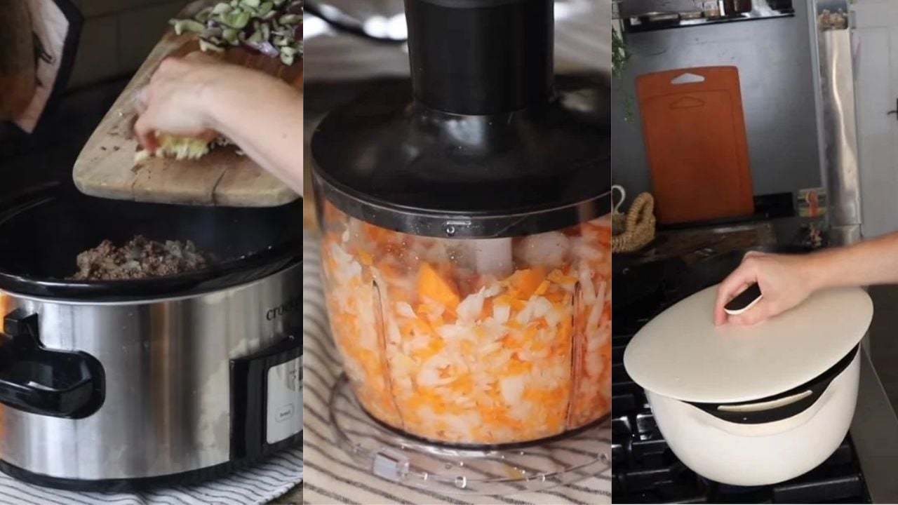 small homestead kitchen essentials in a row, a crockpot slow cooker, immersion blender with food processor attachment, and dutch oven.