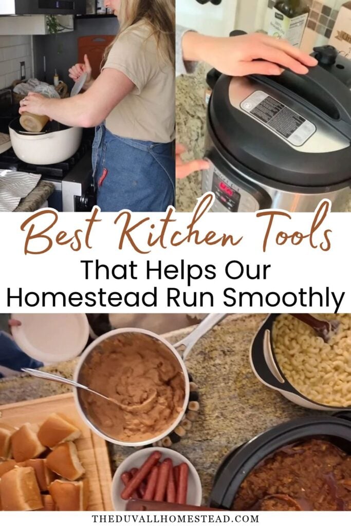 Looking for the best small homestead kitchen essentials? These are the kitchen tools I can't live without, from cast iron skillets and stainless steel pots to a slow cooker, Dutch oven, grain mill, and immersion blender. Discover practical kitchen tools for cooking homemade meals, saving time, and making everyday homemaking a little easier.